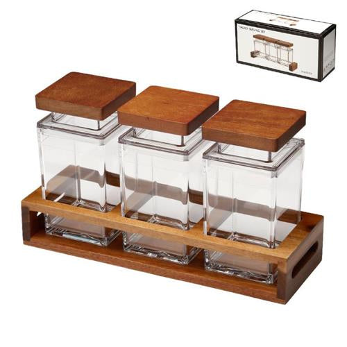 סט צנצנות אחסון אקריליק ועץ DREAM CHEF 32x11x5.5 9x9x17