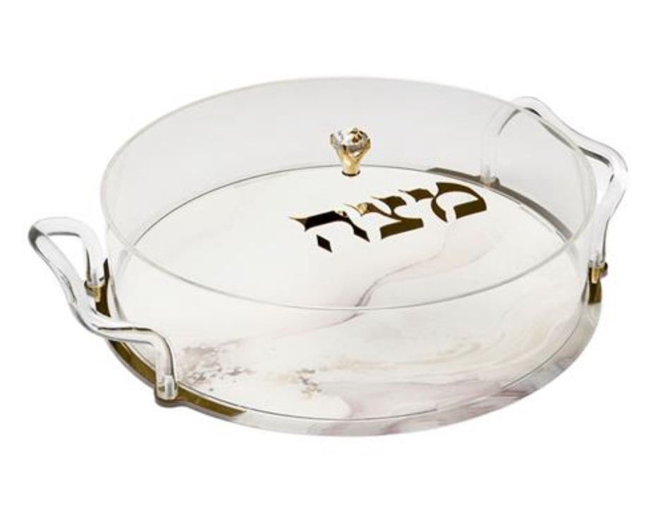 קופסא עגולה למצות עשויה אקריליק שקוף בשילוב שיש 