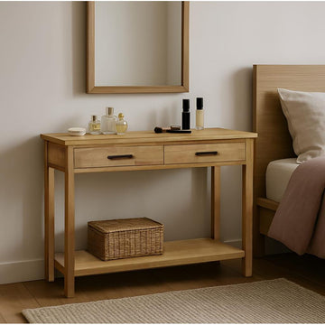 קונסולה דגם וינה עשויה עץ טבעי 2 מגירות ומדף תחתון