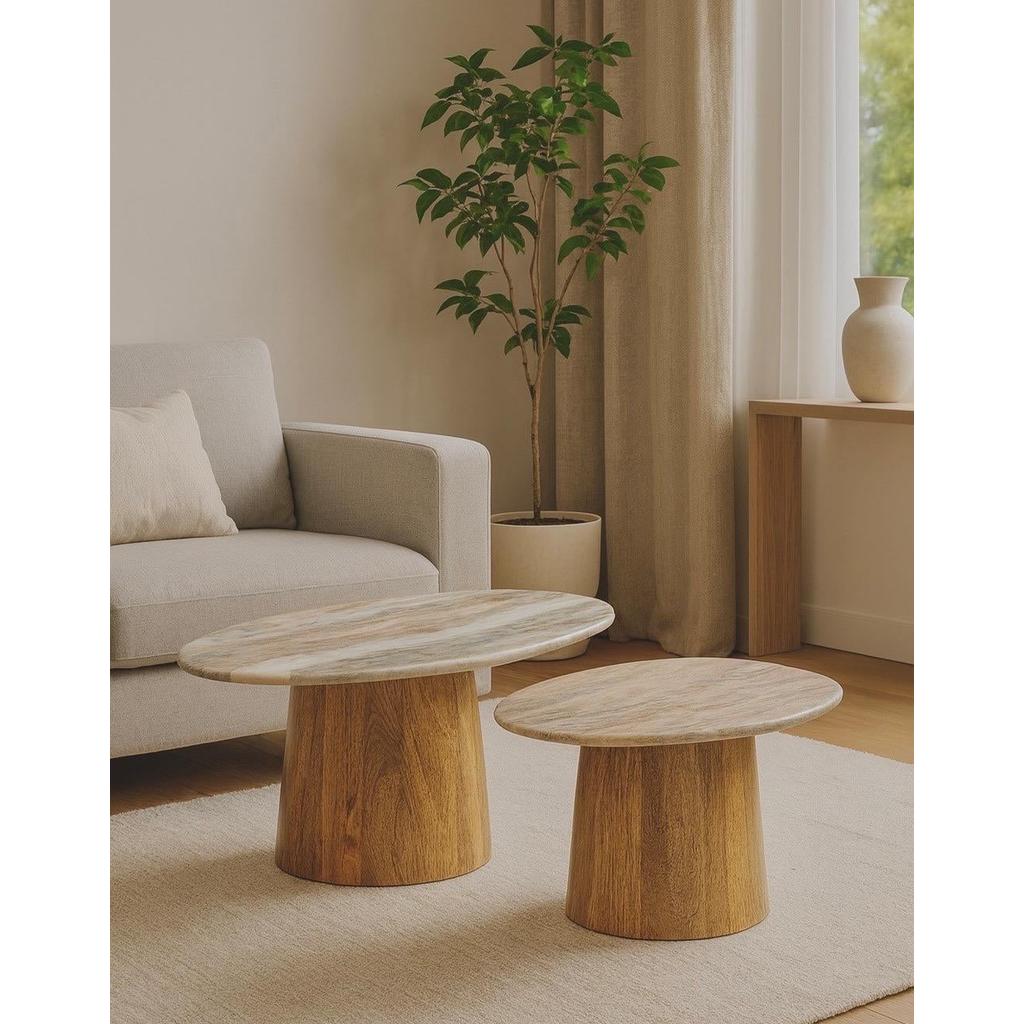 סט 2 שולחנות סלון עשויים פלטת שיש בשילוב רגל עץ מנגו