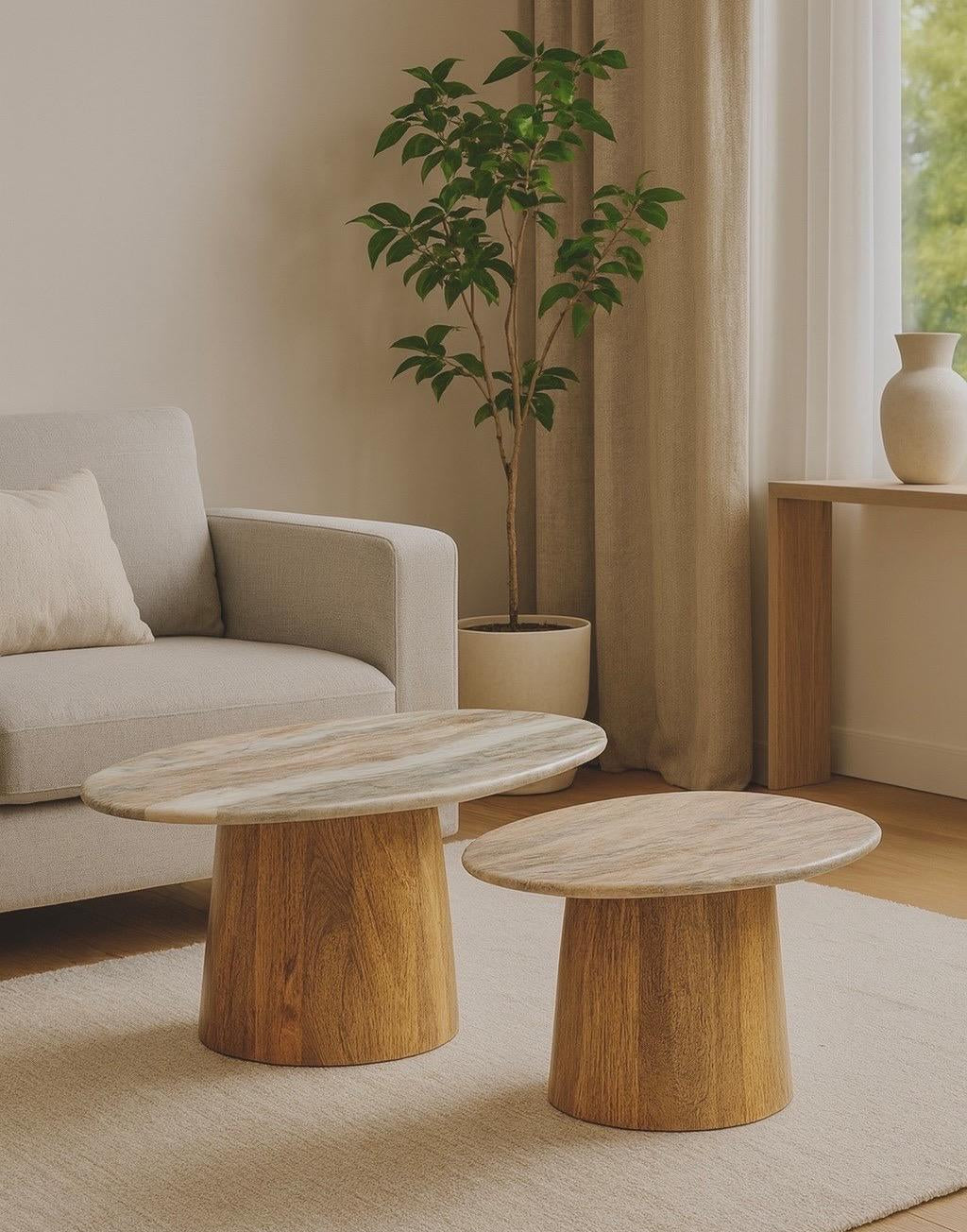 סט 2 שולחנות סלון עשויים פלטת שיש בשילוב רגל עץ מנגו