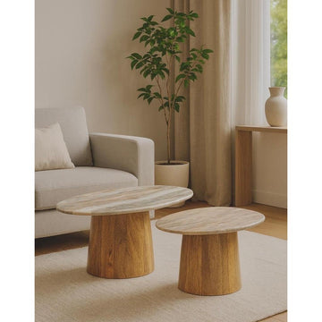 סט 2 שולחנות סלון עשויים פלטת שיש בשילוב רגל עץ מנגו