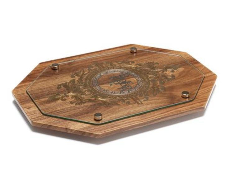 מגש שבת עשוי עץ בשילוב זכוכית וריקוע מתכת מיוחד 30X40 ס"מ