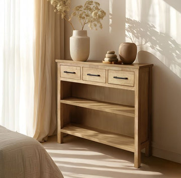 כוננית דגם וינה עשויה עץ טבעי 3 מגירות ומדף בעיצוב מיוחד
