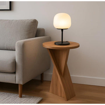 שולחן צד עגול בשילוב רגל בצורת איקס עשוי עץ מלא טבעי