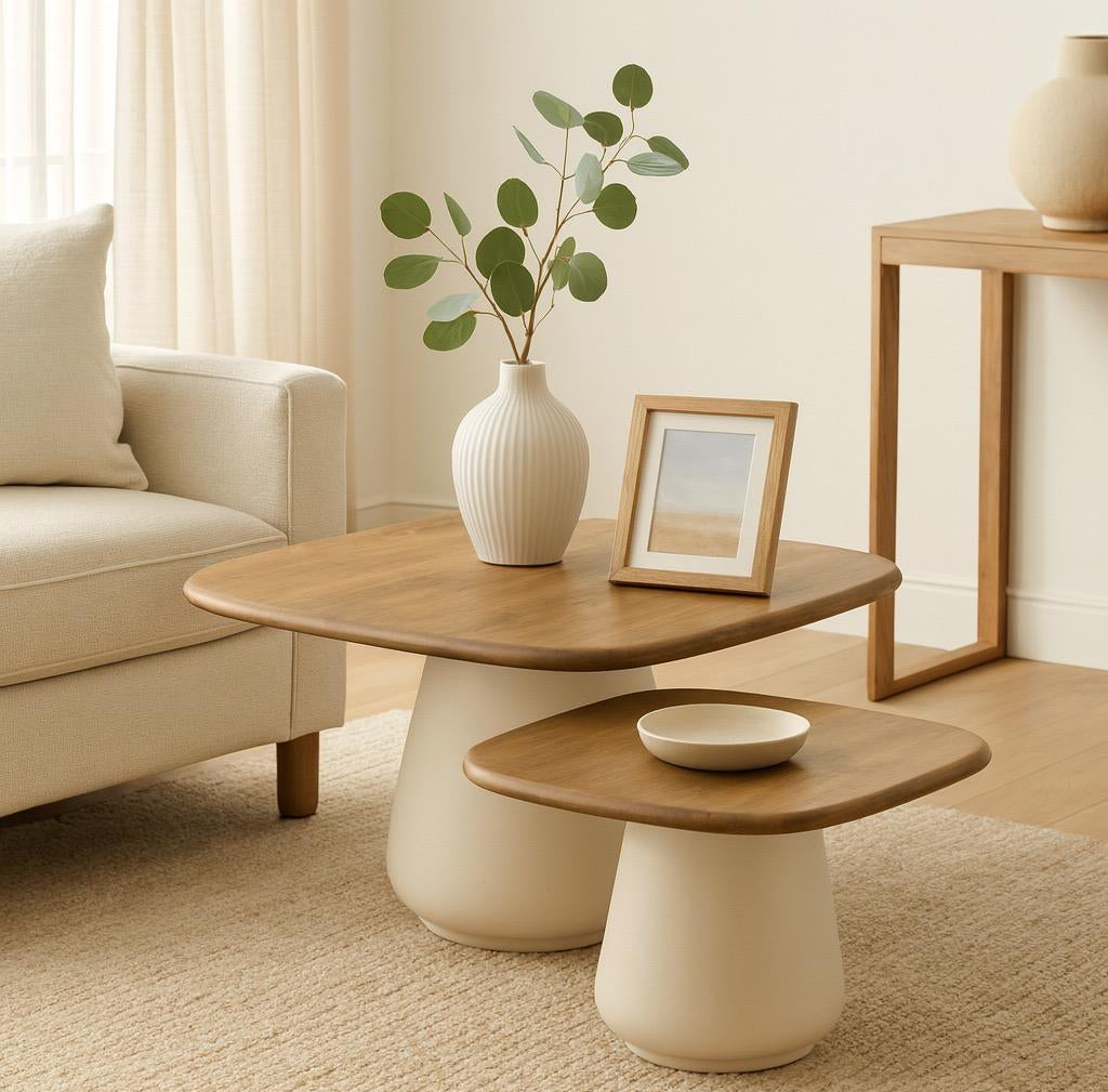 סט 2 שולחנות סלון עשויים פלטת עץ מנגו מרובעת 