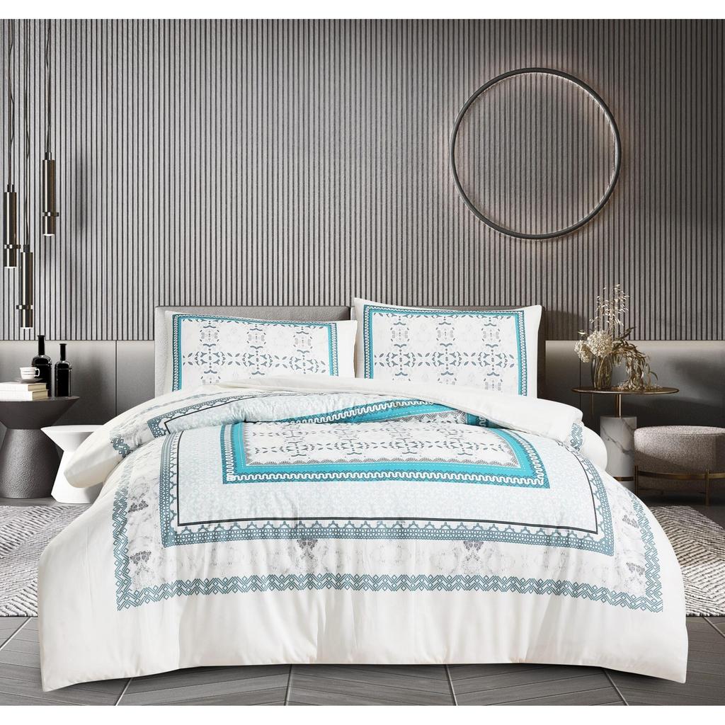 סט מצעים דגם דולי עשוי מיקרופייבר בצבע לבן ועיטורים בגוון טורקיז