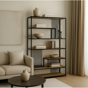 כוננית מדפים עשויה ברזל שחור בשילוב מדפי עץ