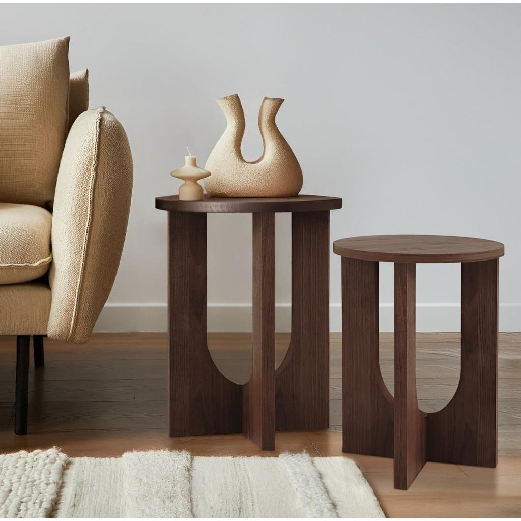 שולחן צד מעוצב 3 רגליים עשוי עץ מלא בצבע חום אגוז