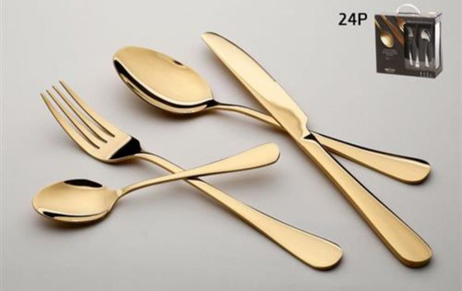 סט סכו"ם 24 חלקים עשוי נירוסטה זהב מבריק