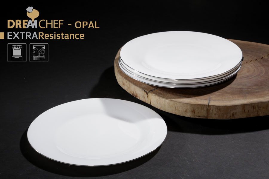 כלי שולחן OPAL עגול עם פס דקורטיבי – צלחת עגולה פס כסף 28 ס"מ בצבע לבן כסף / לבן
