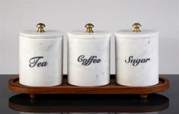 סט תה קפה סוכר עשוי שיש לבן מיוחד בשילוב מגש עץ