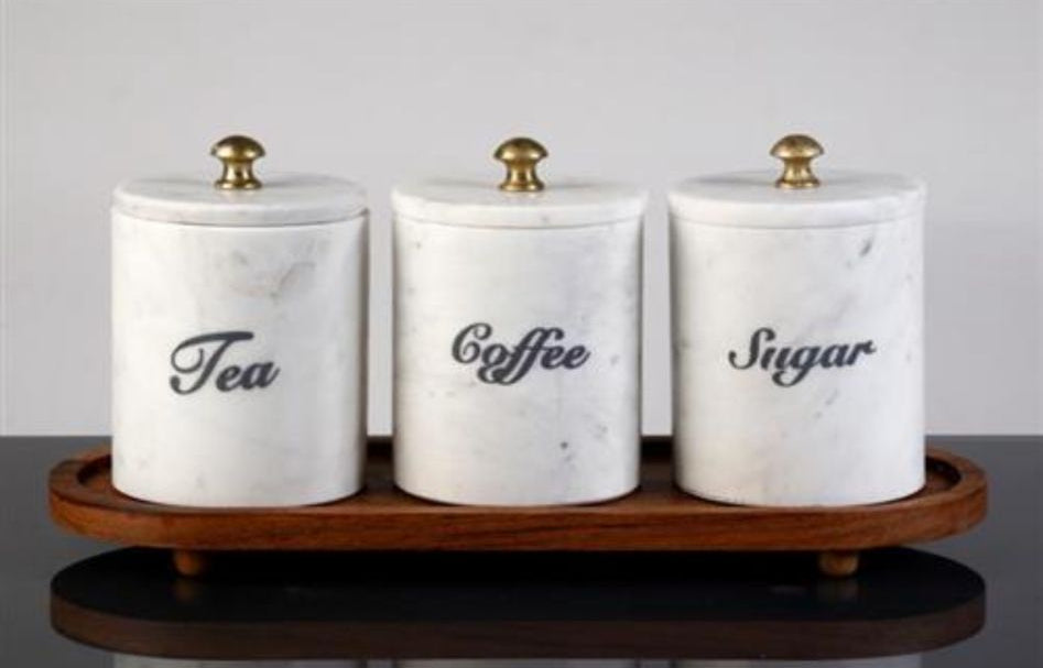 סט תה קפה סוכר עשוי שיש לבן מיוחד בשילוב מגש עץ