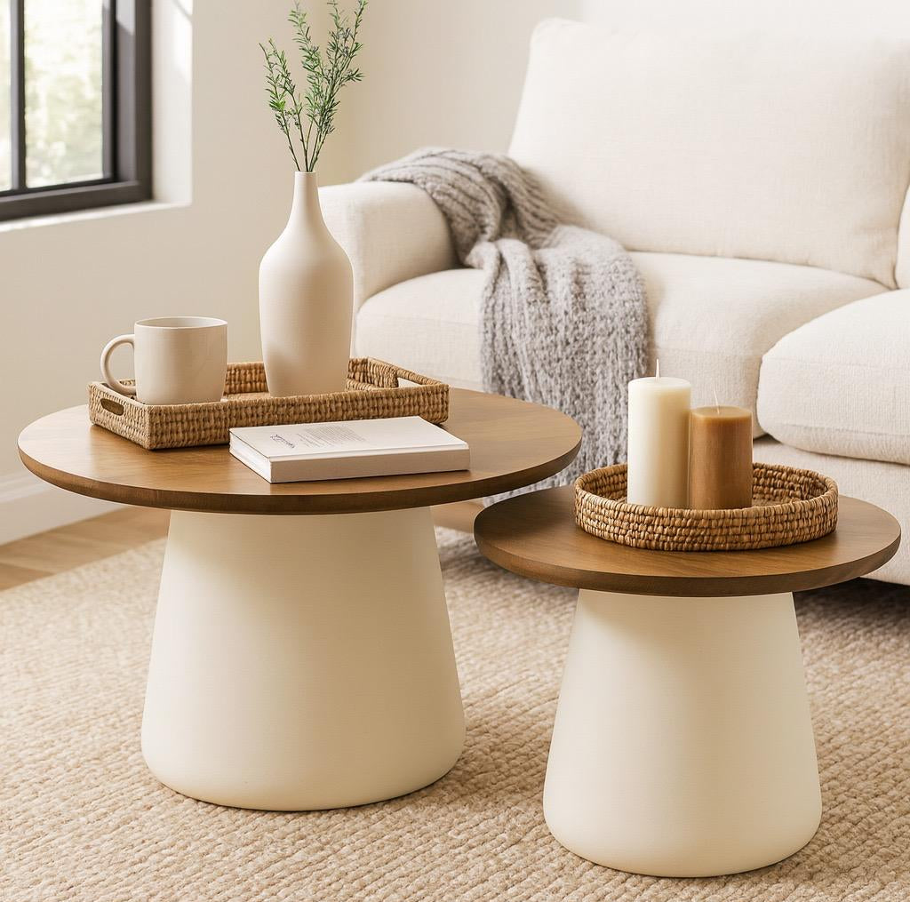 סט 2 שולחנות סלון עגולים עשויים פלטת עץ מנגו יוקרתית