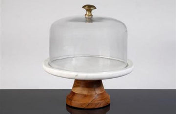 פעמון עוגה עשוי שיש לבן ורגל עץ 24X22X22 ס"מ