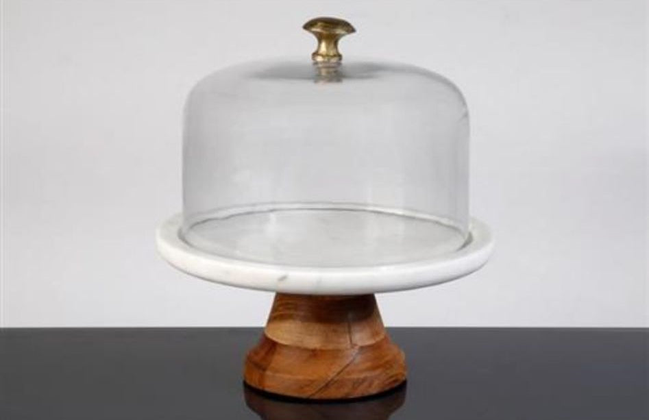 פעמון עוגה עשוי שיש לבן ורגל עץ 24X22X22 ס"מ