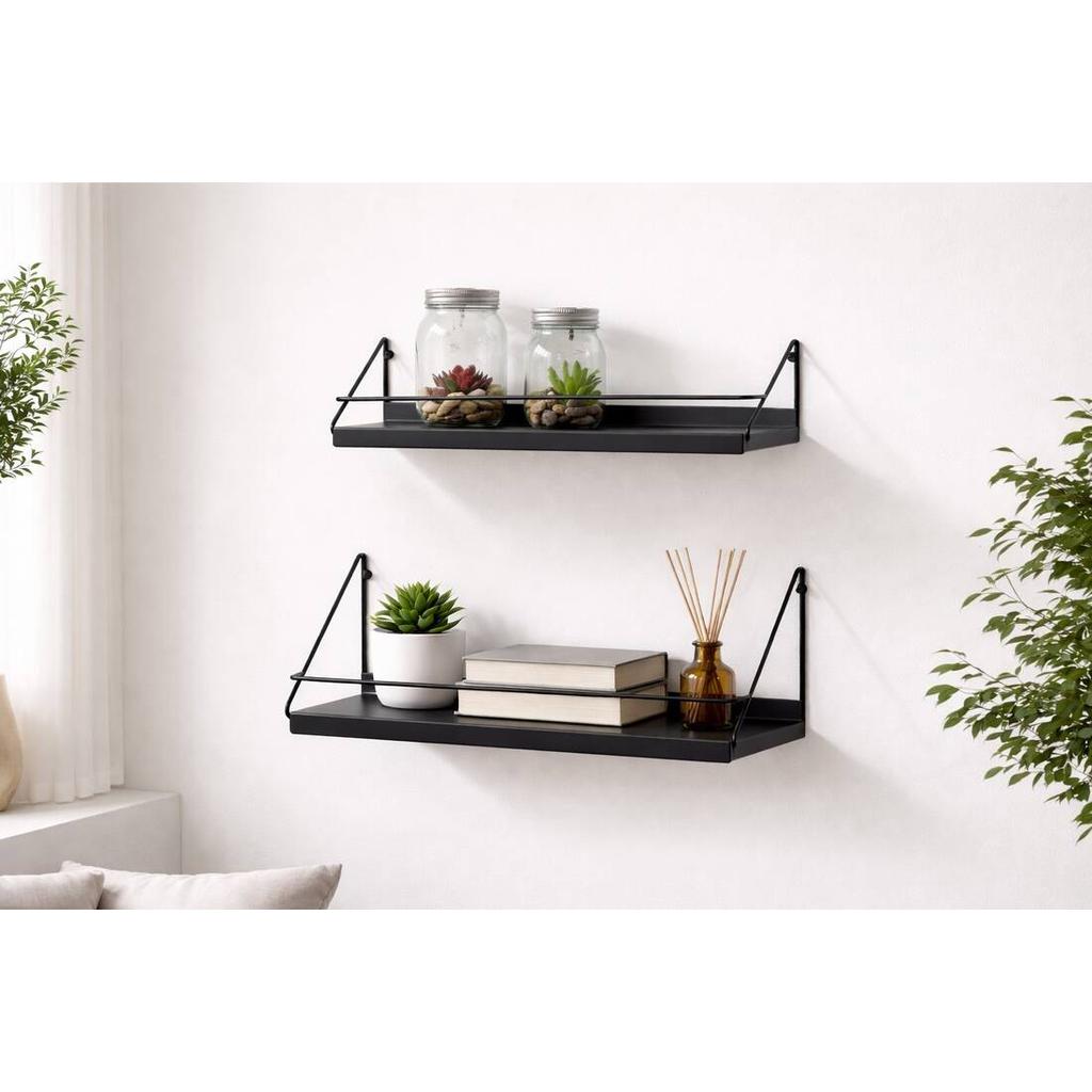 סט שני מדפי קיר צפים שחורים עם מעקה במידות 40×12×14  +  50×14×18 ס״מ