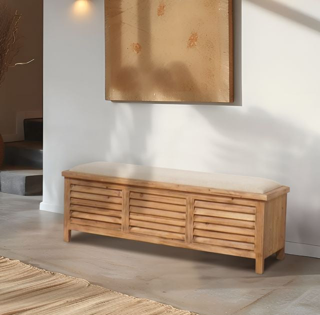 ספסל ישיבה נפתח לאחסון מעץ טבעי בשילוב תריסים
