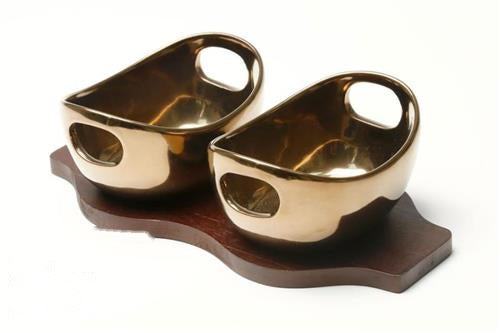 סט 2 קעריות פורצלן ומגש עץ Gold Rose - 26×13×8