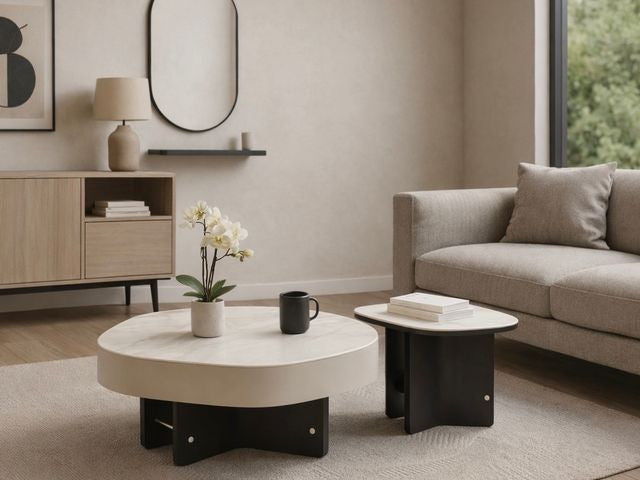 סט 2 שולחנות סלון עשויים פלטת שיש פורצלן בגוון לבן