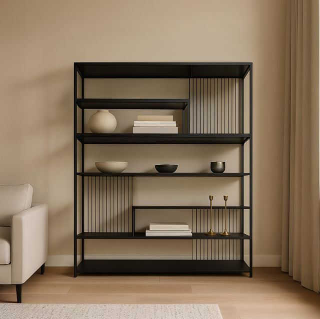 כוננית מדפים עשויה ברזל ופסים בצבע שחור יוקרתי
