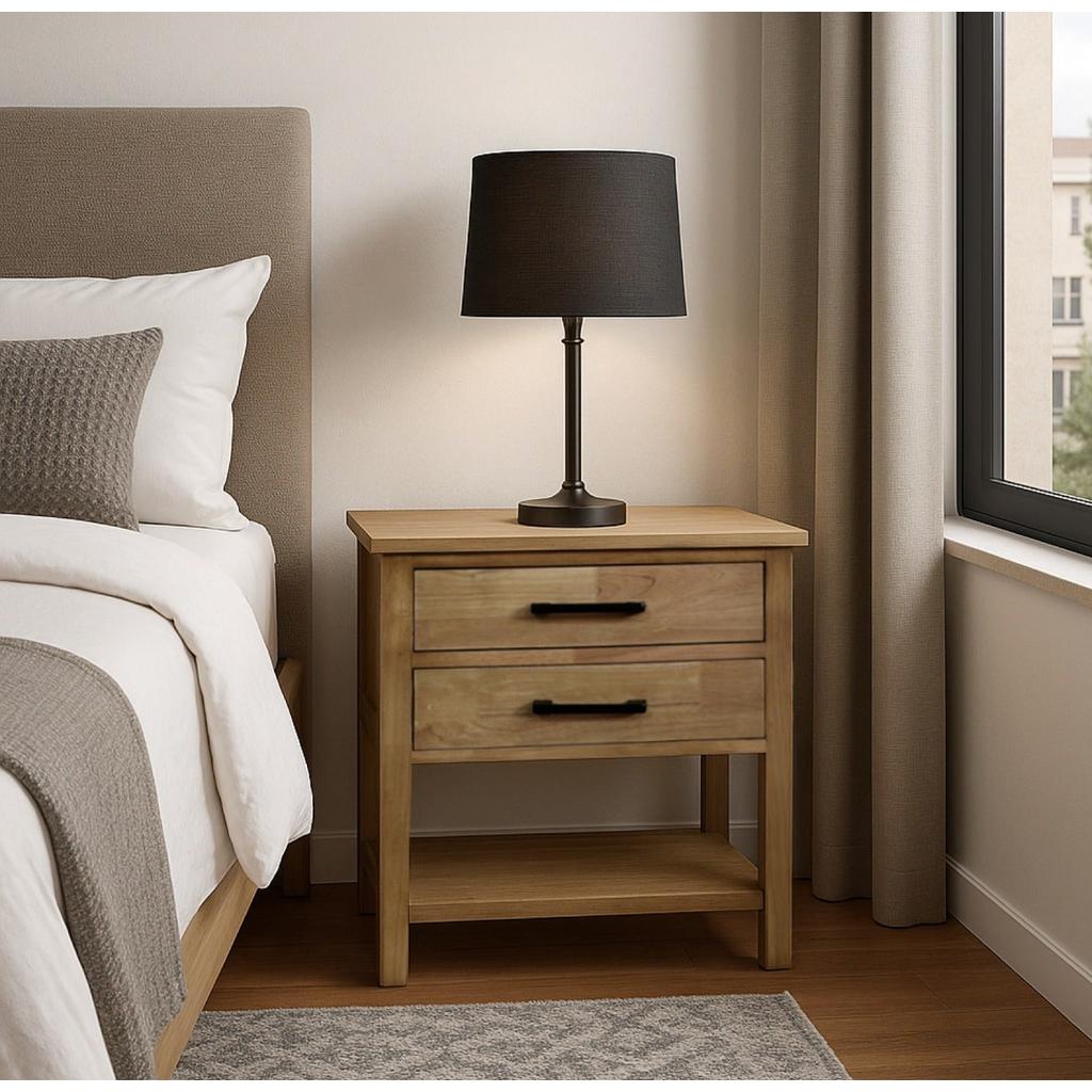 שידת צד דגם וינה עשויה עץ טבעי מעוצבת 2 מגירות ומדף תחתון
