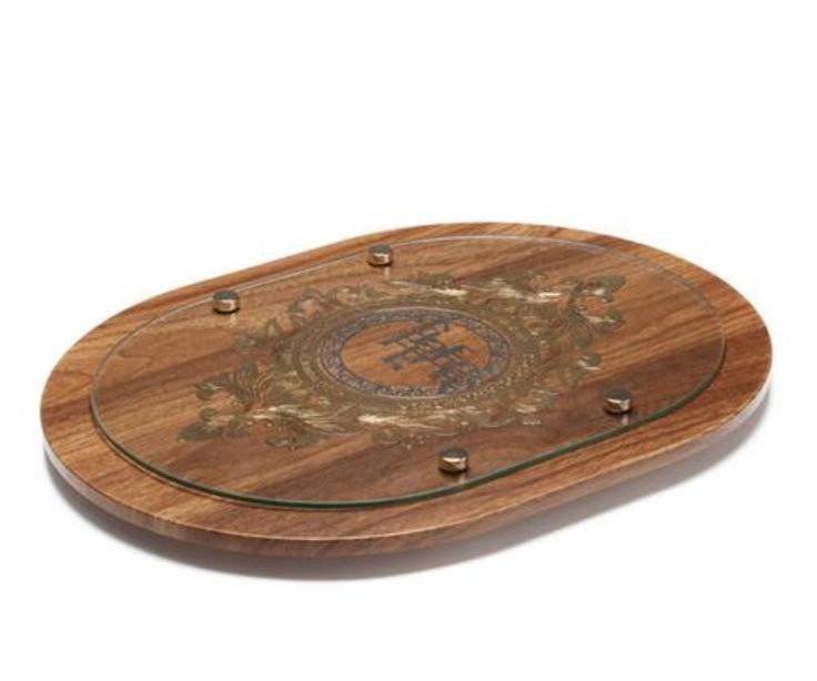 מגש שבת עשוי עץ בשילוב זכוכית וריקוע מתכת יוקרתי 30X40 ס"מ