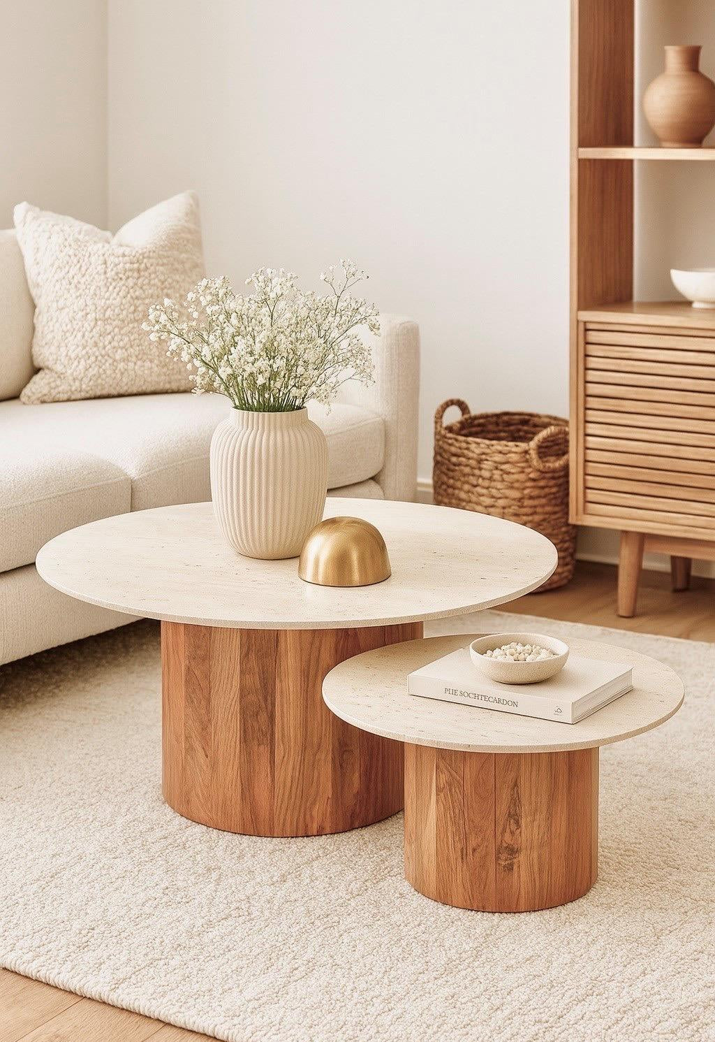 סט 2 שולחנות סלון עשויים פלטת שיש ורגלי עץ מנגו