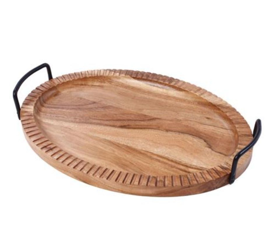 מגש אובלי עשוי עץ מיוחד בשילוב ידיות מתכת שחורות 49X34X7.5 ס"מ