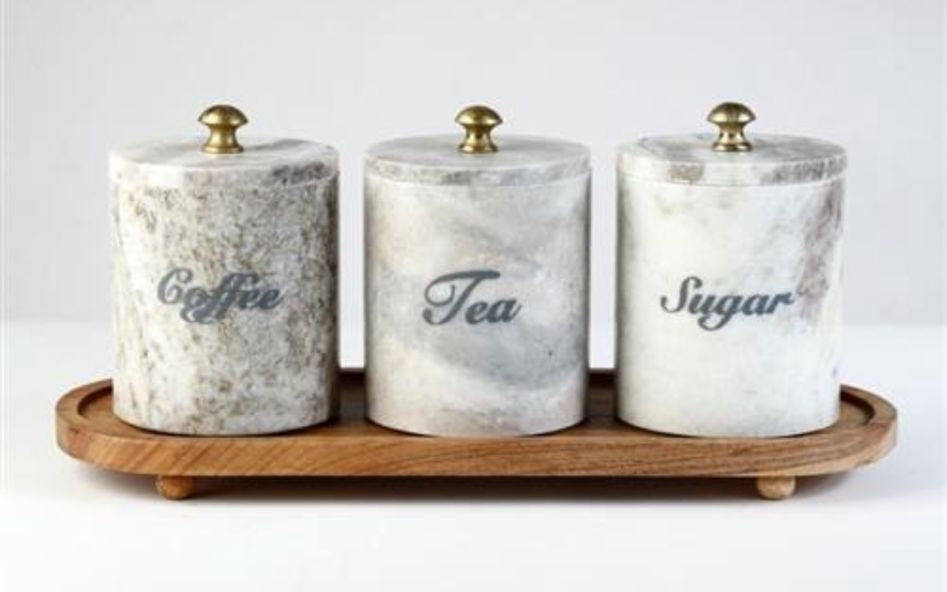 סט תה קפה סוכר עשוי שיש יוקרתי בשילוב מגש עץ