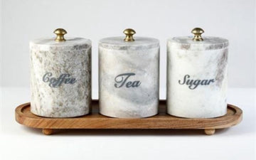 סט תה קפה סוכר עשוי שיש יוקרתי בשילוב מגש עץ