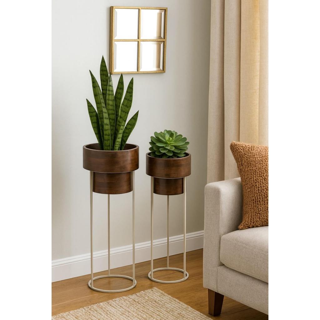 סט 2 מעמדים לעציצים עשויים עץ מנגו חום בשילוב רגלי מתכת