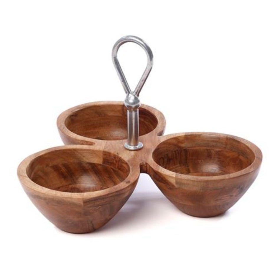 כלי הגשה מחולק 3 קעריות עץ בשילוב ידית מתכת כסף