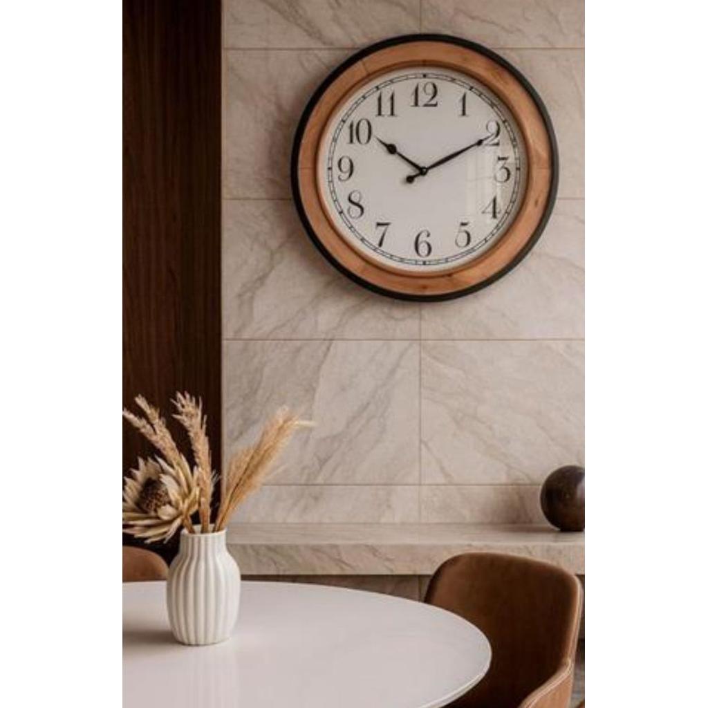 שעון קיר עשוי עץ בשילוב מתכת בעיצוב יוקרתי 68X68X7 ס"מ