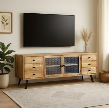 מזנון דגם וינה מעוצב 6 מגירות עץ טבעי בשילוב דלתות זכוכית
