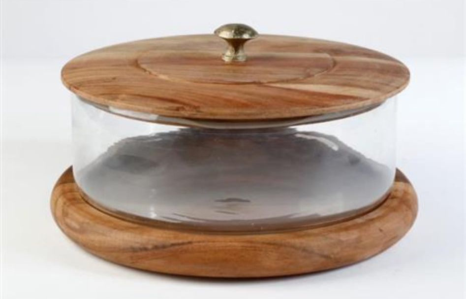 פעמון עוגה עשוי זכוכית בשילוב מכסה ותחתית עץ חום