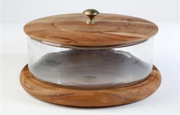 פעמון עוגה עשוי זכוכית בשילוב מכסה ותחתית עץ חום