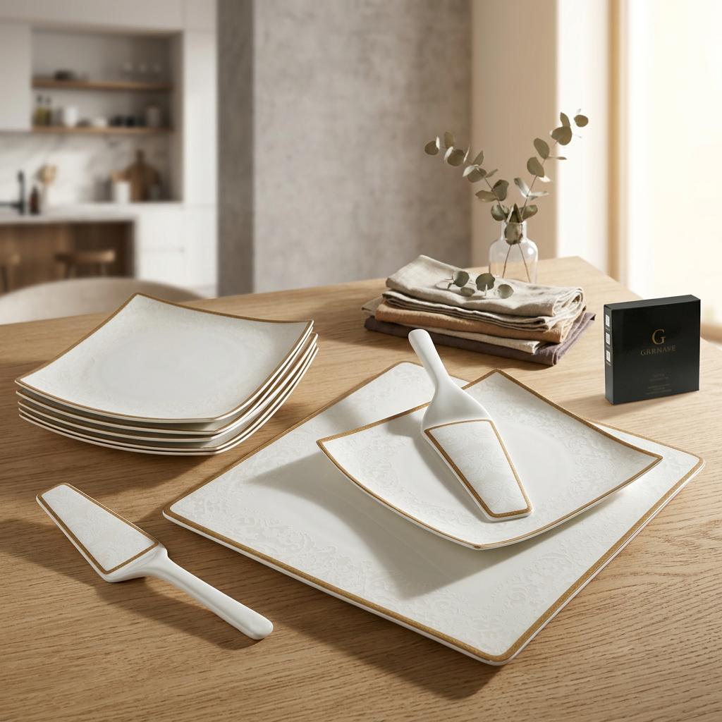 סט עוגה מפורצלן NEW BONE CHINA על רקע פנים ביתי מואר