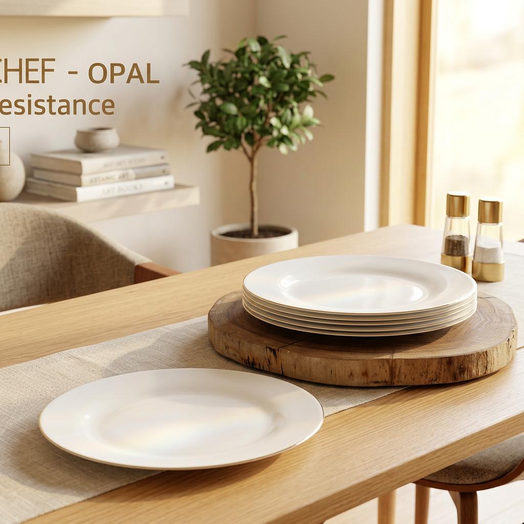 כלי שולחן OPAL על רקע פנים ביתי מואר