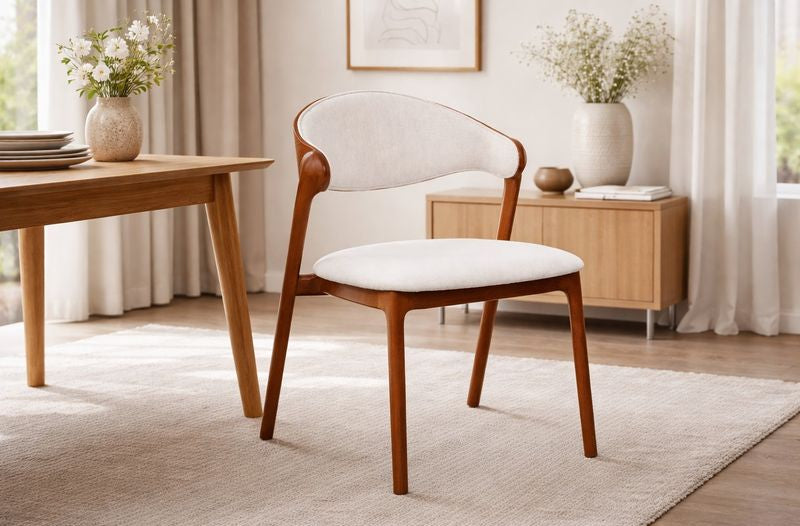 כיסא אוכל בגוון בהיר בשילוב רגלי עץ חום אגוז מיוחד