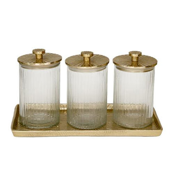 סט 3 צנצנות עם מכסה על מגש BRASS – סט 3 צנצנות עם מכסה על מגש GOLD BRASS זהב 36X18X2