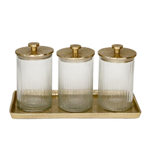סט 3 צנצנות עם מכסה על מגש BRASS – סט 3 צנצנות עם מכסה על מגש GOLD BRASS זהב 36X18X2