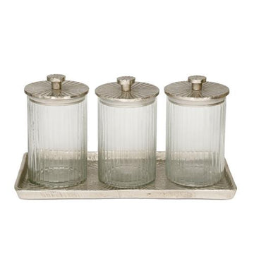 סט 3 צנצנות עם מכסה על מגש NICKEL BRASS - 36x18x2 11x11x18 - 36x18x2 11x11x18