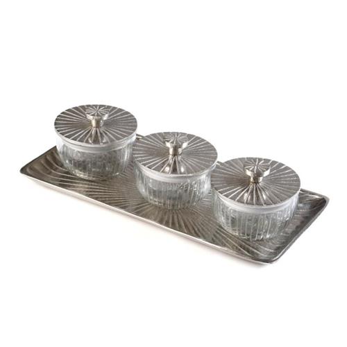 סט 3 צנצנות עם מכסה על מגש NICKEL BRASS - 36x18x2 11x11x18 - 37x17x2 11x11x8.5