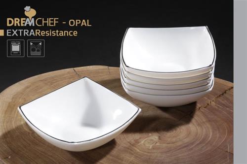 כלי שולחן OPAL מרובע עם פס דקורטיבי – קערית מרובעת פס כסף 14×4 ס"מ לבן
