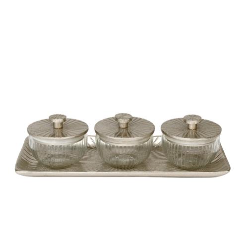 סט 3 צנצנות עם מכסה על מגש BRASS – סט 3 צנצנות עם מכסה על מגש NICKEL BRASS ניקל 37x17x2 11x11x8.5