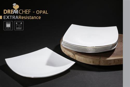 כלי שולחן OPAL מרובע עם פס דקורטיבי – צלחת מרובעת פס 26×26 ס"מ – כסף / לבן