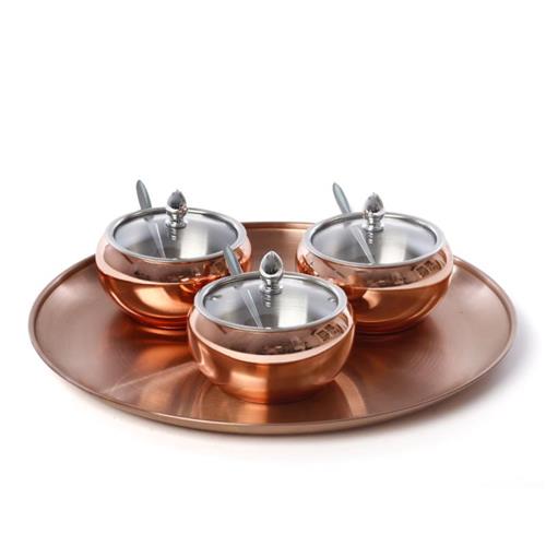 סט מגש עגול + 3 בונבוניירות ברונזה 33x33x2 11x11x8 לבית נעים ולאירוח מלא אופי