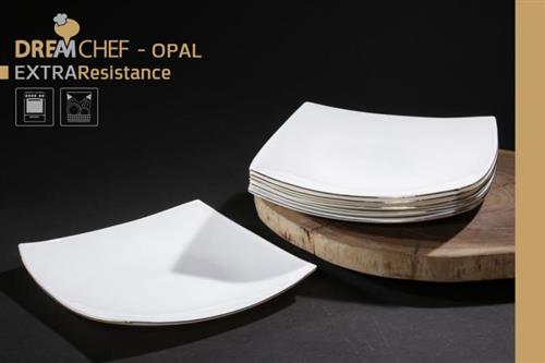 כלי שולחן OPAL מרובע עם פס דקורטיבי – צלחת מרובעת פס 26×26 ס"מ – זהב / לבן