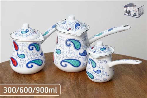 סט 3 פיג'אנים ציפוי אמייל 300/600/900ml למראה הרמוני ושימוש נוח בבית